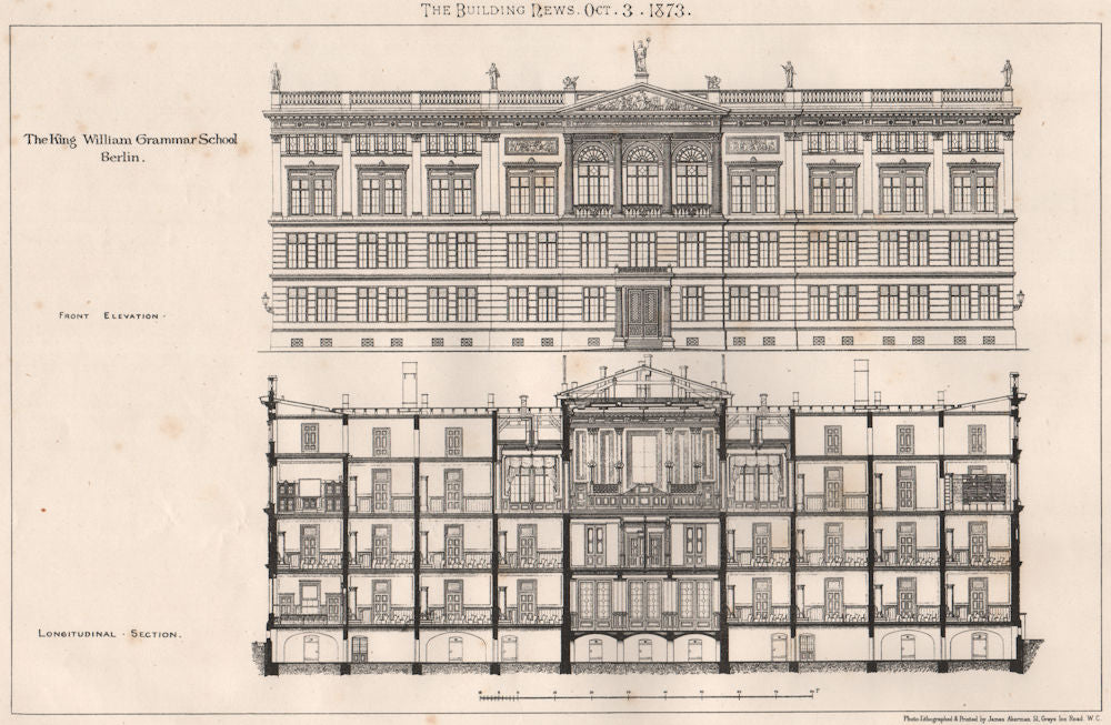 The King William Grammar School, Berlin 1873 old antique vintage print picture